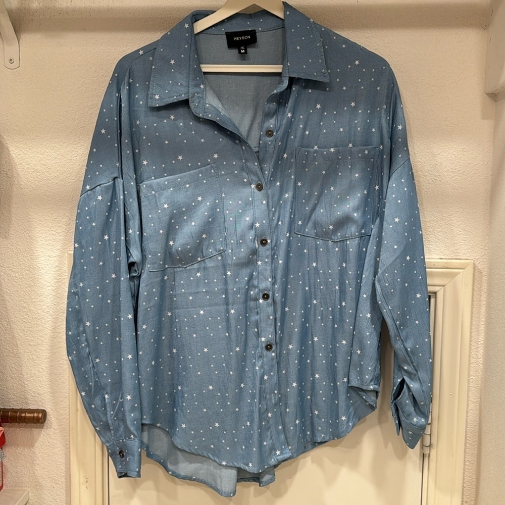 Heyson blue button front shirt white stars
